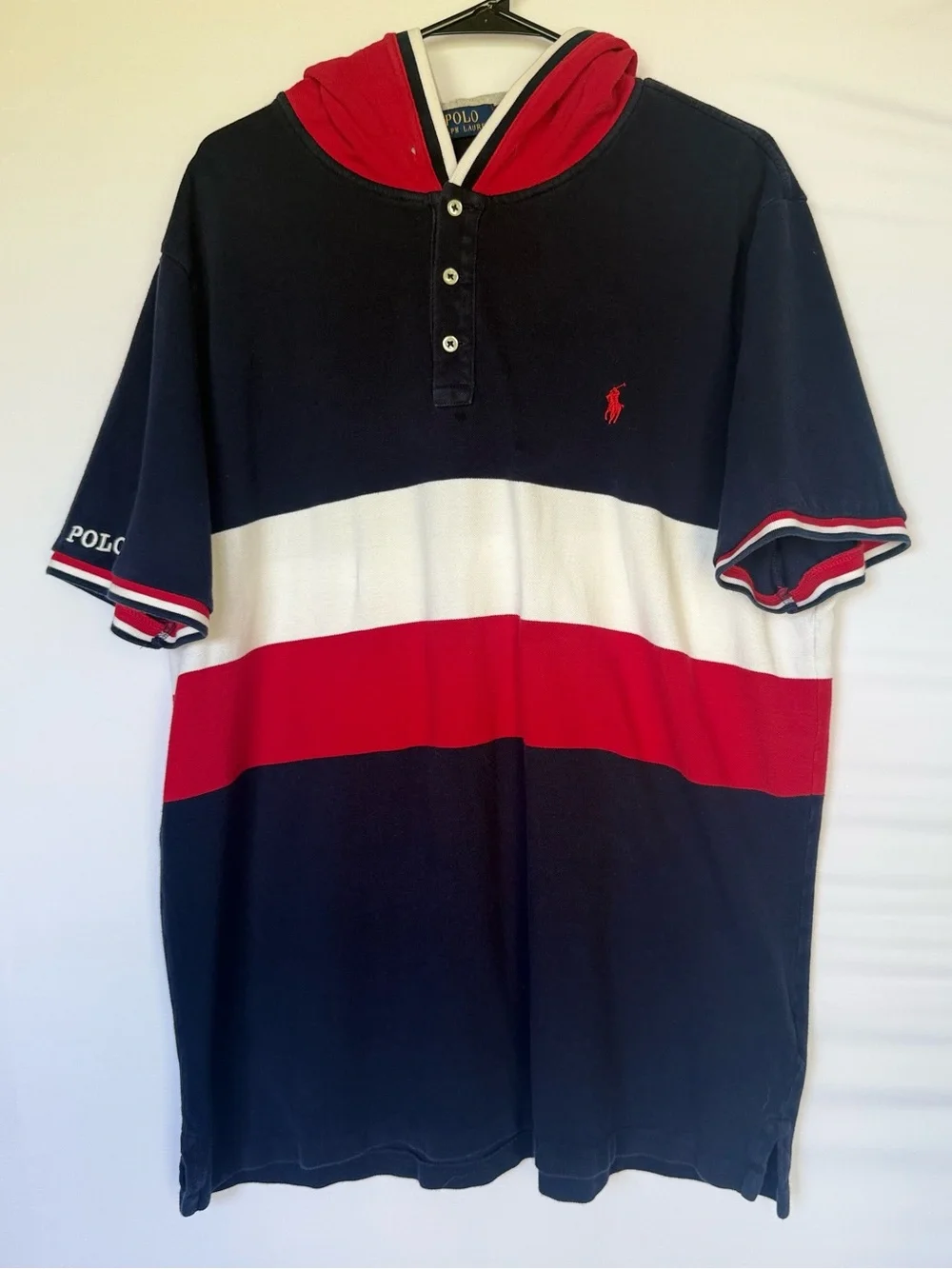 Polo Ralph Lauren Navy, White & Red Colorblock  Hooded Cotton Shirt XXL